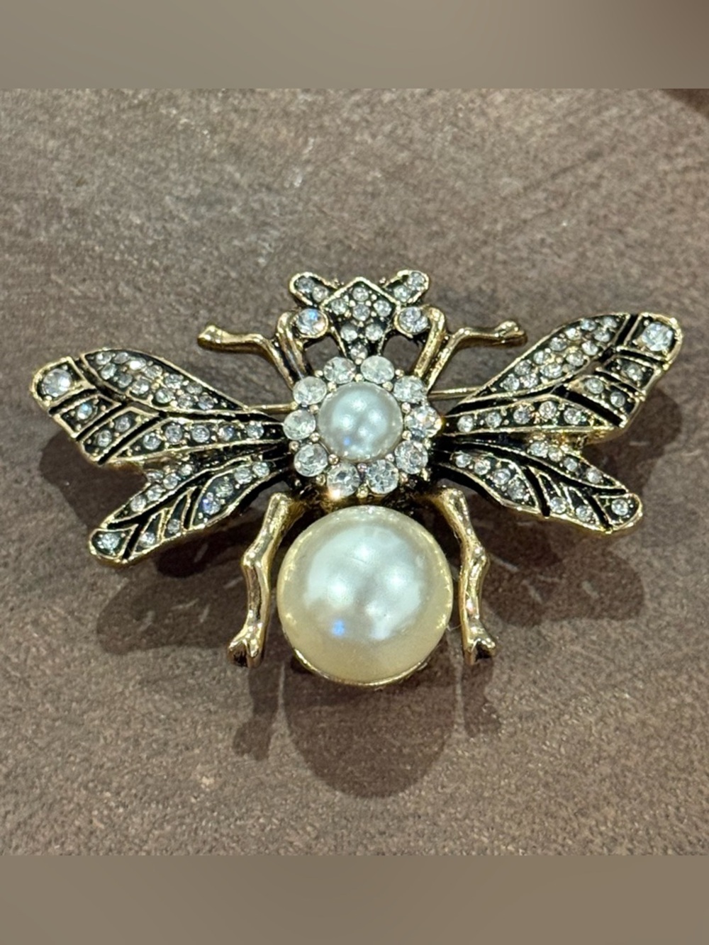 Gold Plated Bee Brooch with Pearl Accen and Clear Crystals